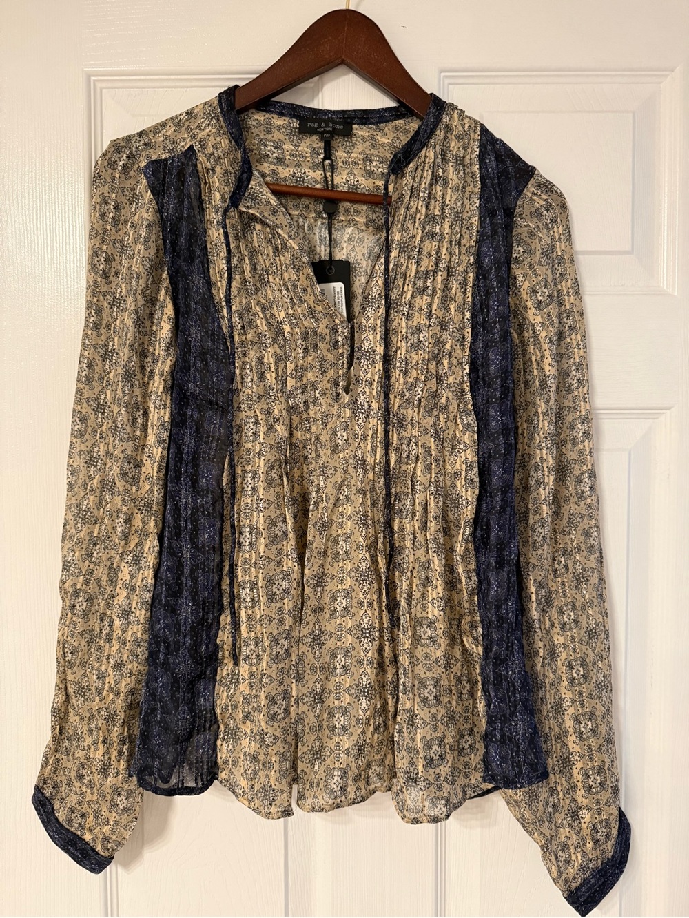 rag & bone Navy and Beige Floral Pintuck Peasant Blouse